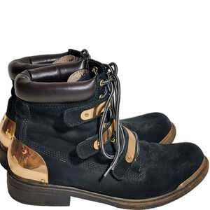 Zigi Girl Black‎ Suede Round Toe Combat Boots with Gold Bars across front